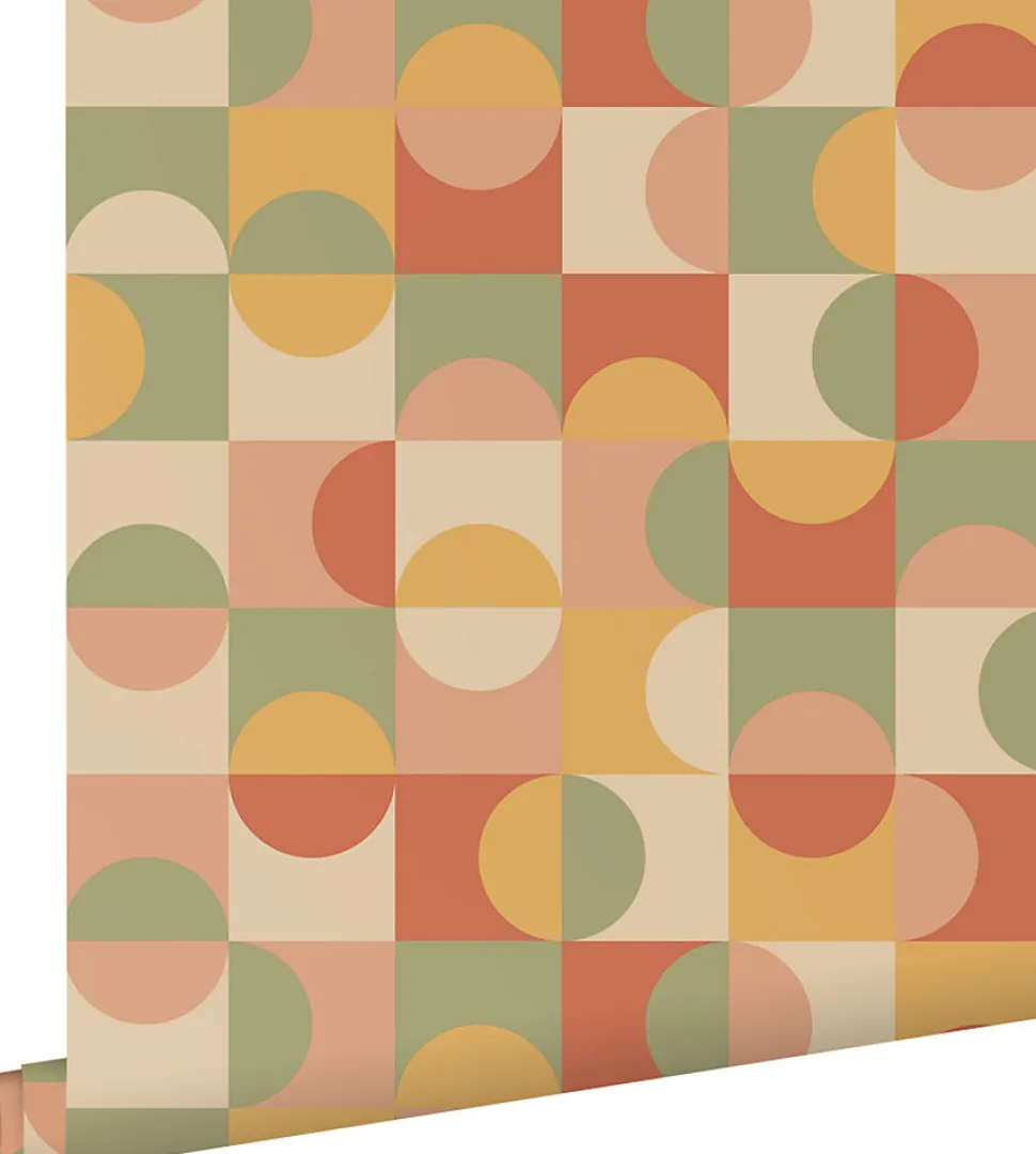 ESTAhome papier peint cercles de style Bauhaus terracotta, jaune, vert et beige - 50 x 900 cm - 130941