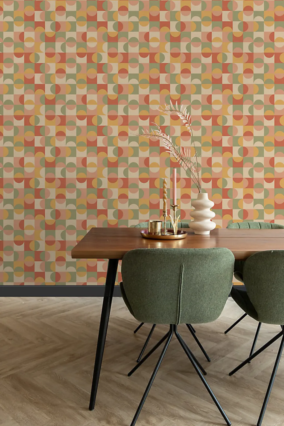 ESTAhome papier peint cercles de style Bauhaus terracotta, jaune, vert et beige - 50 x 900 cm - 130941