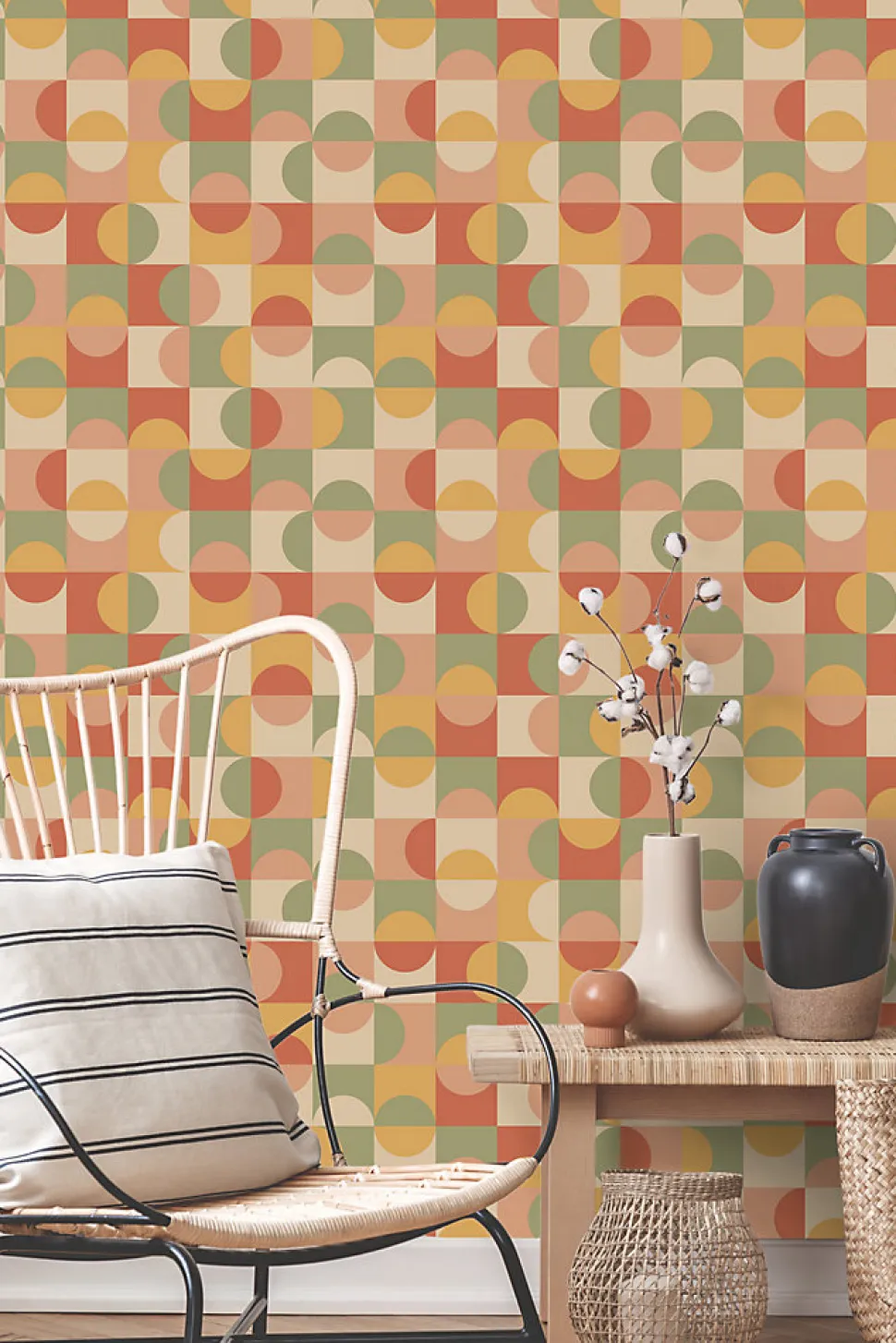 ESTAhome papier peint cercles de style Bauhaus terracotta, jaune, vert et beige - 50 x 900 cm - 130941
