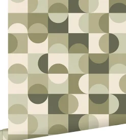 ESTAhome papier peint cercles de style Bauhaus vert grisé et beige - 50 x 900 cm - 130940
