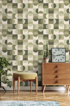 ESTAhome papier peint cercles de style Bauhaus vert grisé et beige - 50 x 900 cm - 130940