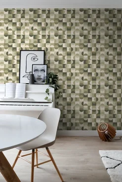 ESTAhome papier peint cercles de style Bauhaus vert grisé et beige - 50 x 900 cm - 130940