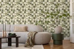 ESTAhome papier peint cercles de style Bauhaus vert grisé et beige - 50 x 900 cm - 130940