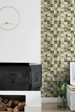 ESTAhome papier peint cercles de style Bauhaus vert grisé et beige - 50 x 900 cm - 130940