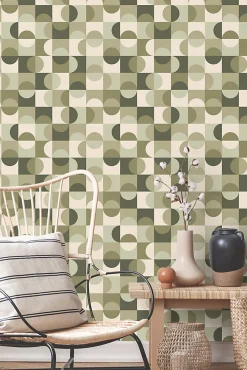 ESTAhome papier peint cercles de style Bauhaus vert grisé et beige - 50 x 900 cm - 130940