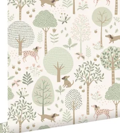 ESTAhome papier peint chiens vert menthe grisé et blanc - 53 cm x 10.05 m - 139709