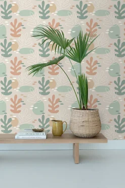 ESTAhome papier peint corail terracotta claire, vert grisé et gris - 50 x 900 cm - 139542