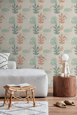 ESTAhome papier peint corail terracotta claire, vert grisé et gris - 50 x 900 cm - 139542