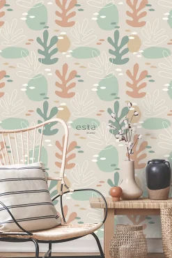 ESTAhome papier peint corail terracotta claire, vert grisé et gris - 50 x 900 cm - 139542
