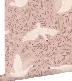 ESTAhome papier peint cygnes vieux rose - 53 cm x 10.05 m - 130958