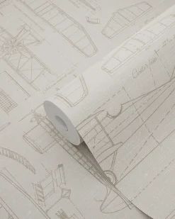 ESTAhome papier peint dessins de construction d'avions beige et couleur sable - 50 x 900 cm - 139959