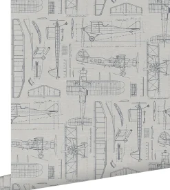 ESTAhome papier peint dessins de construction d'avions taupe et bleu grisâtre - 53 cm x 10.05 m - 139960