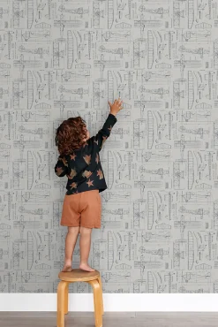 ESTAhome papier peint dessins de construction d'avions taupe et bleu grisâtre - 53 cm x 10.05 m - 139960