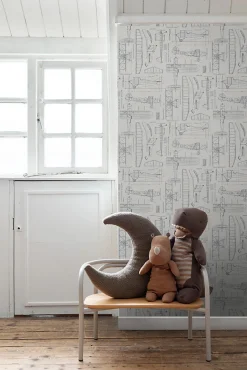 ESTAhome papier peint dessins de construction d'avions taupe et bleu grisâtre - 53 cm x 10.05 m - 139960