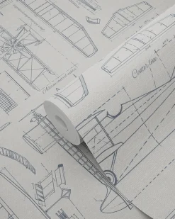 ESTAhome papier peint dessins de construction d'avions taupe et bleu grisâtre - 53 cm x 10.05 m - 139960