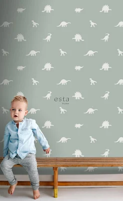 ESTAhome papier peint dinosaures vert menthe grisé - 53 cm x 10.05 m - 139284