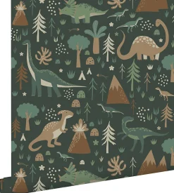 ESTAhome papier peint dinosaures vert foncé et marron - 50 x 900 cm - 139802