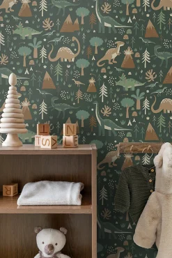 ESTAhome papier peint dinosaures vert foncé et marron - 50 x 900 cm - 139802