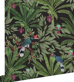 ESTAhome papier peint feuilles tropicales noir et vert jungle - 53 cm x 10.05 m - 139190