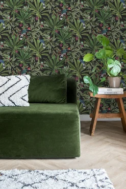 ESTAhome papier peint feuilles tropicales noir et vert jungle - 53 cm x 10.05 m - 139190