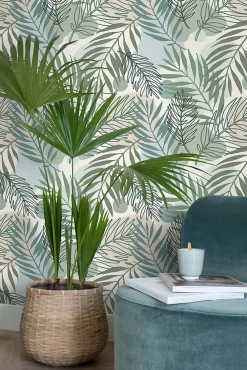 ESTAhome papier peint feuilles vert et bleu - 50 x 900 cm - 139820