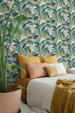 ESTAhome papier peint feuilles tropicales bleu canard et bleu canard - 50 x 900 cm - 139942