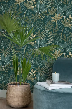 ESTAhome papier peint feuilles bleu foncé et vert - 50 x 900 cm - 139681