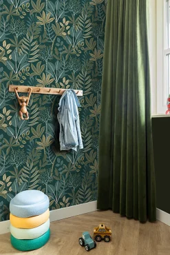 ESTAhome papier peint feuilles bleu foncé et vert - 50 x 900 cm - 139681