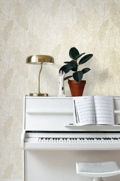 ESTAhome papier peint feuilles dessinées blanc et or - 53 cm x 10.05 m - 139125