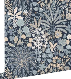 ESTAhome papier peint feuilles et fleurs tropicales bleu gris et beige - 0.53 x 10.05 m - 130948