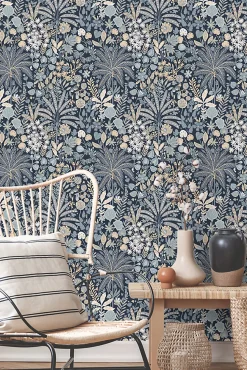 ESTAhome papier peint feuilles et fleurs tropicales bleu gris et beige - 0.53 x 10.05 m - 130948