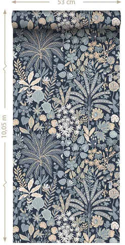 ESTAhome papier peint feuilles et fleurs tropicales bleu gris et beige - 0.53 x 10.05 m - 130948