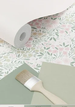 ESTAhome papier peint fleurs rose clair et vert - 53 cm x 10.05 m - 139532