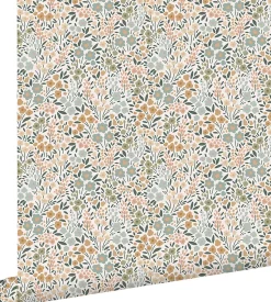 ESTAhome papier peint fleurs bleu grisâtre, rose terracotta et vert - 53 cm x 10.05 m - 139837