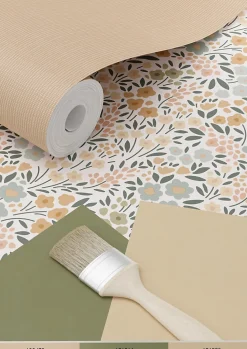 ESTAhome papier peint fleurs bleu grisâtre, rose terracotta et vert - 53 cm x 10.05 m - 139837