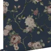 ESTAhome papier peint fleurs vintage bleu foncé et vieux rose - 53 cm x 10.05 m - 139409