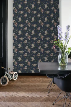 ESTAhome papier peint fleurs vintage bleu foncé et vieux rose - 53 cm x 10.05 m - 139409