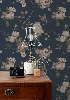 ESTAhome papier peint fleurs vintage bleu foncé et vieux rose - 53 cm x 10.05 m - 139409