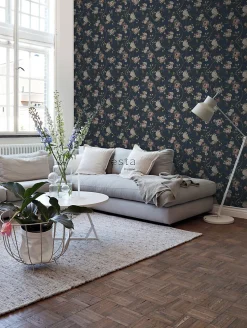 ESTAhome papier peint fleurs vintage bleu foncé et vieux rose - 53 cm x 10.05 m - 139409