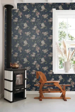 ESTAhome papier peint fleurs vintage bleu foncé et vieux rose - 53 cm x 10.05 m - 139409