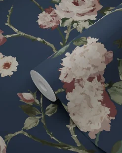 ESTAhome papier peint fleurs vintage bleu foncé et vieux rose - 53 cm x 10.05 m - 139409