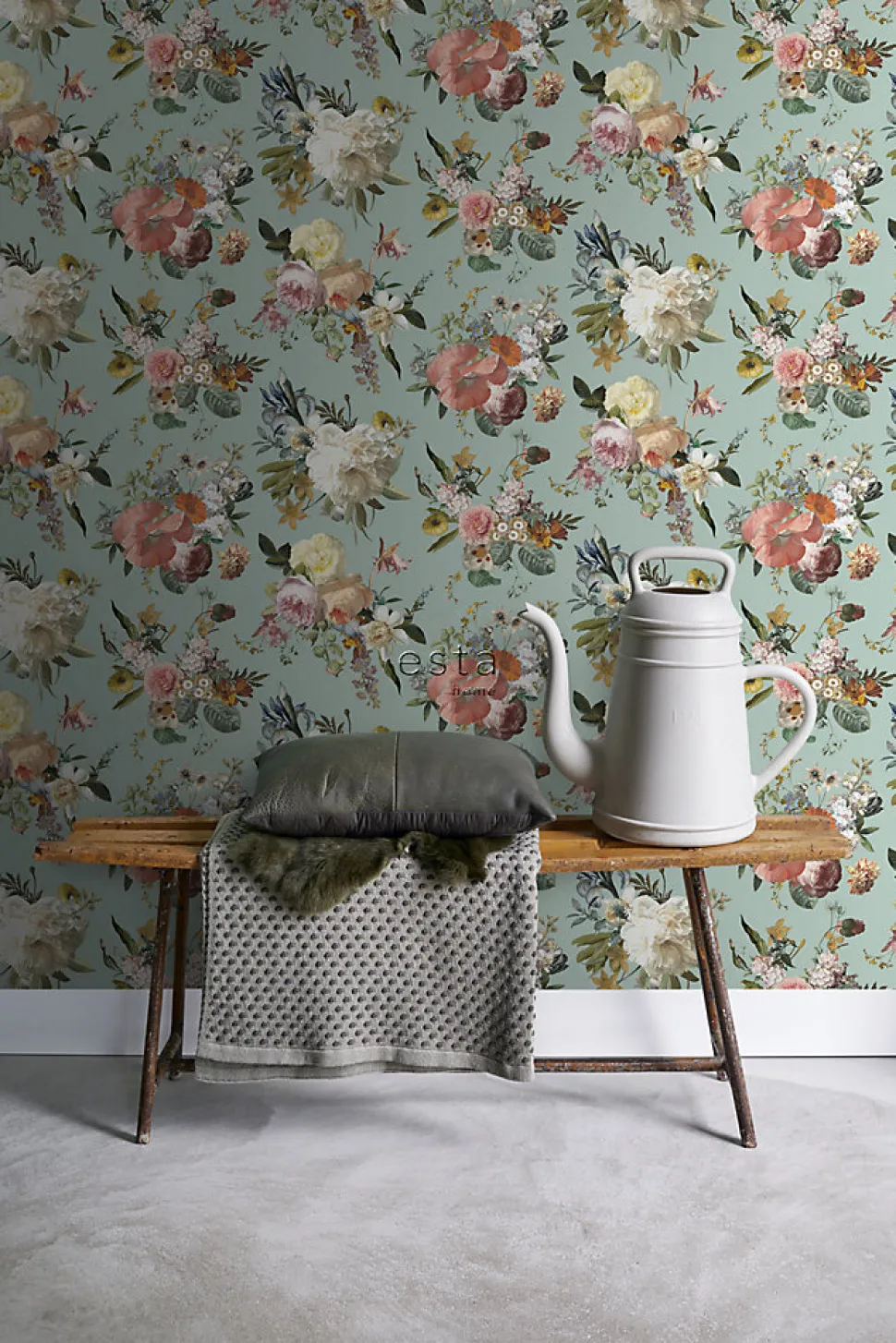 ESTAhome papier peint fleurs vintage vert grisé - 53 cm x 10.05 m - 139366