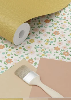 ESTAhome papier peint fleurs jaune ocre, rose clair et terracotta - 53 cm x 10.05 m - 139467