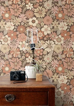 ESTAhome papier peint fleurs rétro vieux rose et beige - 53 cm x 10.05 m - 130966
