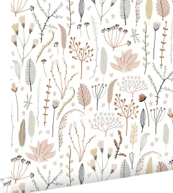 ESTAhome papier peint fleurs des champs rose clair, gris et terracotta - 53 cm x 10.05 m - 139702