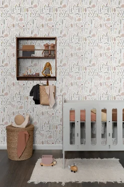 ESTAhome papier peint fleurs des champs rose clair, gris et terracotta - 53 cm x 10.05 m - 139702
