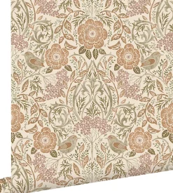 ESTAhome papier peint fleurs et oiseaux de style art nouveau couleur sable, beige et vieux rose - 53 cm x 10.05 m - 139566