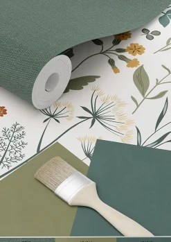 ESTAhome papier peint fleurs des champs jaune ocre, vert grisé et vintage bleu - 53 cm x 10.05 m - 139391