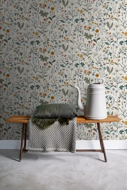 ESTAhome papier peint fleurs des champs jaune ocre, vert grisé et vintage bleu - 53 cm x 10.05 m - 139391