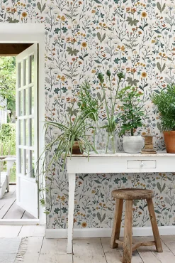 ESTAhome papier peint fleurs des champs jaune ocre, vert grisé et vintage bleu - 53 cm x 10.05 m - 139391